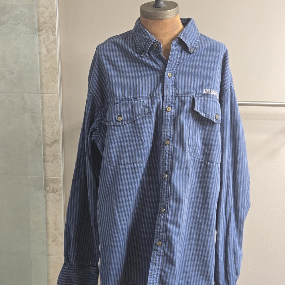 NWOT Harley Davidson Mens XL Blue Stripe Embroidered Long Sleeve Shirt
